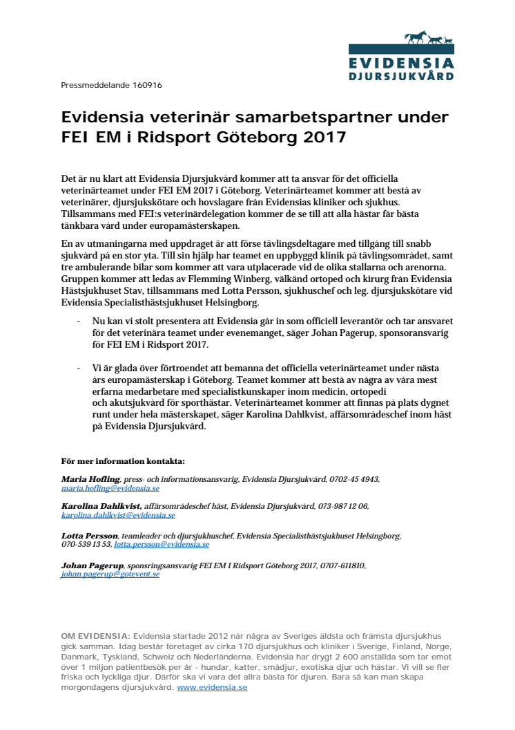 Evidensia veterinär samarbetspartner under FEI EM i Ridsport Göteborg 2017
