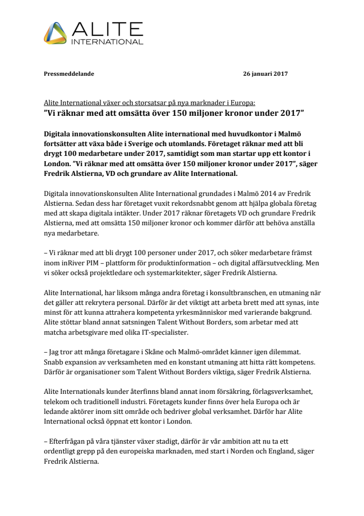 Alite International växer och storsatsar på nya marknader i Europa: ”Vi räknar med att omsätta över 150 miljoner kronor under 2017”