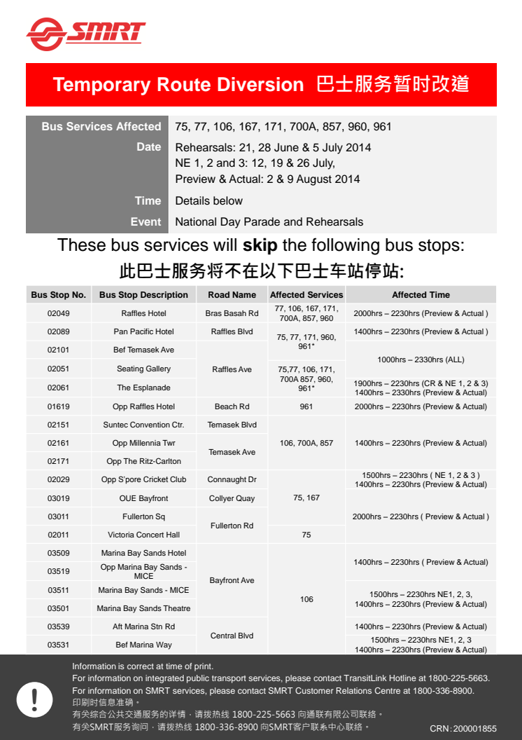 Route Diversion for National Day Parade (NDP) 2014 and Rehearsals
