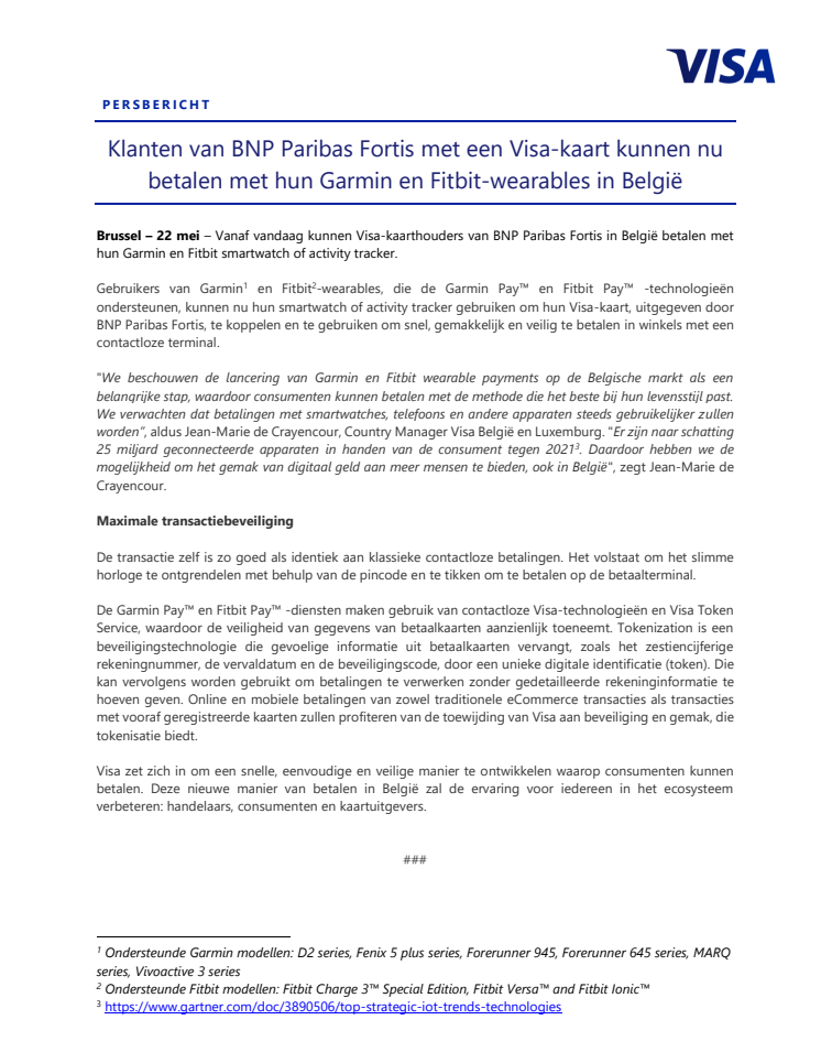 Klanten van BNP Paribas Fortis met een Visa-kaart kunnen nu betalen met hun Garmin en Fitbit-wearables in België