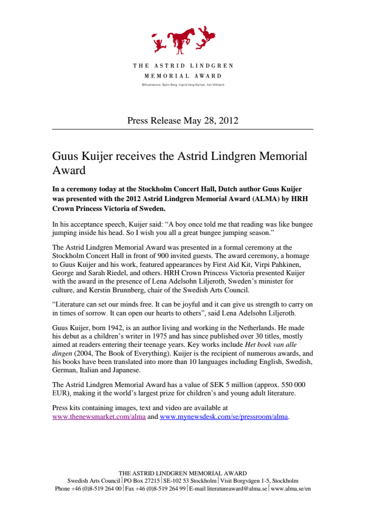 Guus Kuijer receives the Astrid Lindgren Memorial Award