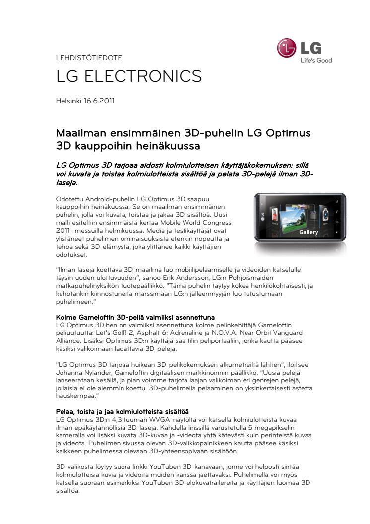 Maailman ensimmäinen 3D-puhelin LG Optimus 3D kauppoihin heinäkuussa