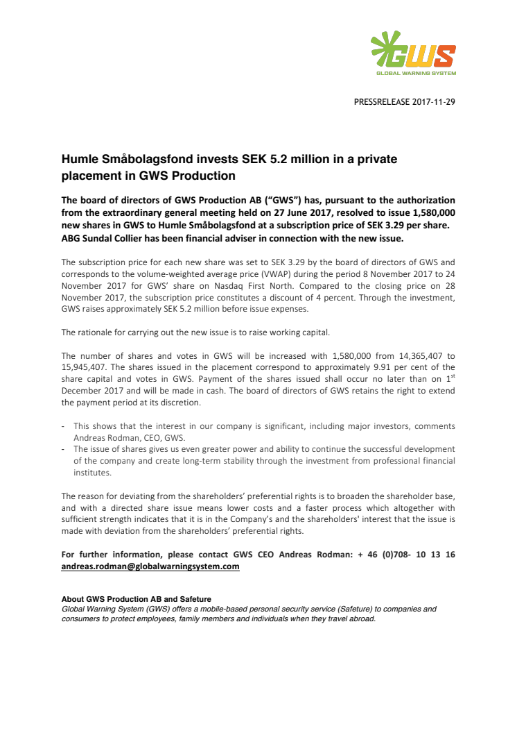 Humle Småbolagsfond invests SEK 5.2 million in a private placement in GWS Production