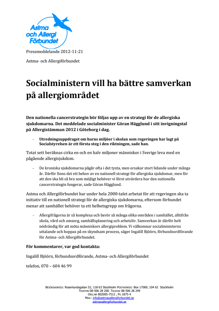 Socialministern vill ha bättre samverkan på allergiområdet