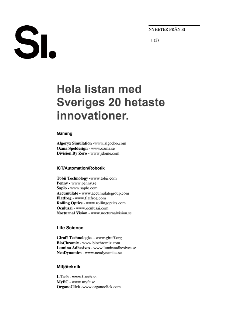 Hela listan: Sveriges 20 hetaste innovationer bland unga tillväxtföretag