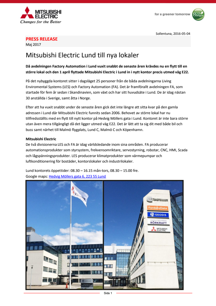 Mitsubishi Electric Lund till nya lokaler