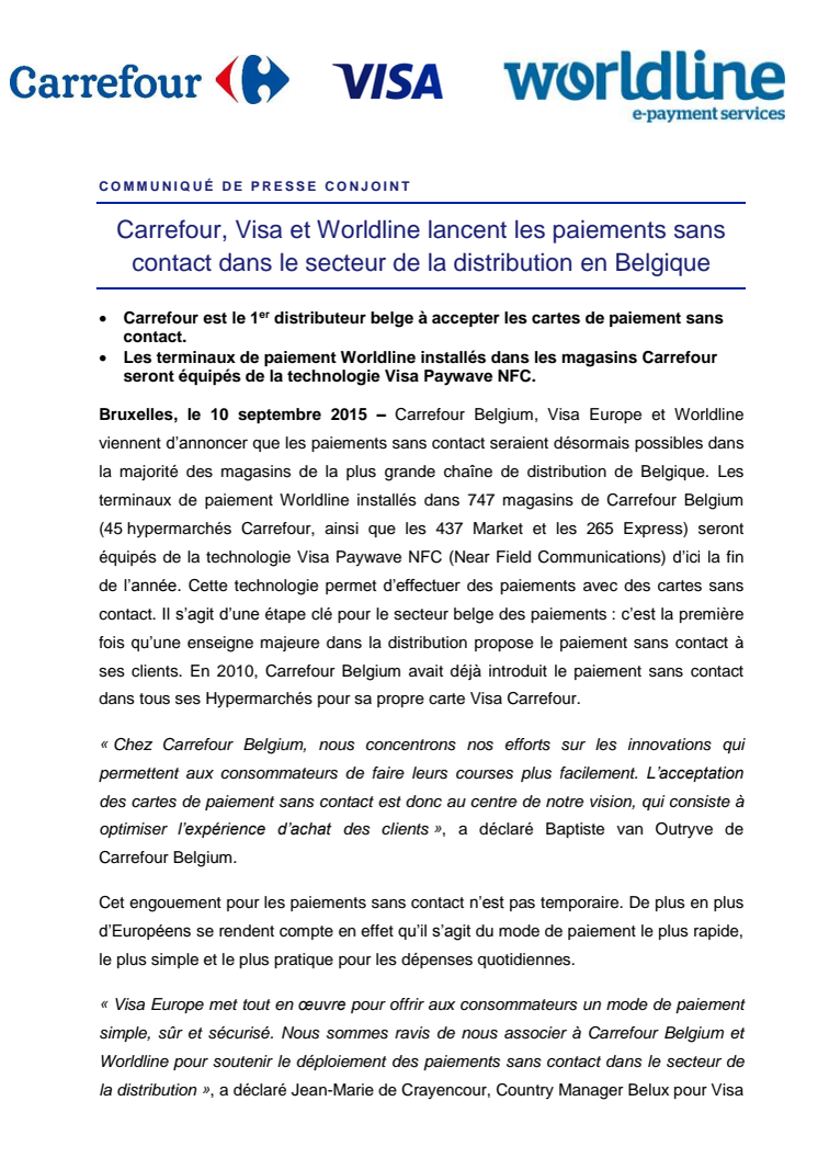 Carrefour, Visa et Worldline lancent les paiements sans contact dans le secteur de la distribution en Belgique