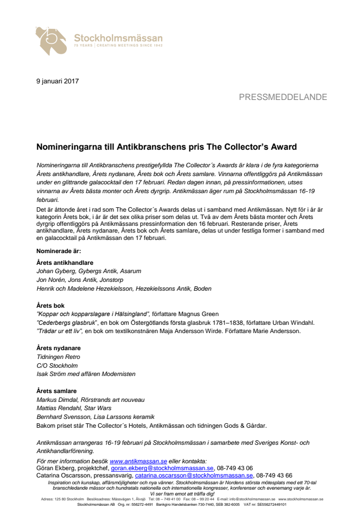 Nomineringarna klara till Antikbranschens pris The Collector’s Award 