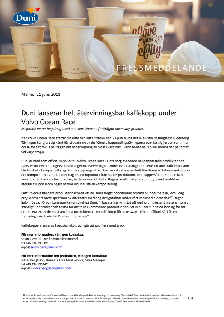 Duni lanserar helt återvinningsbar kaffekopp under Volvo Ocean Race