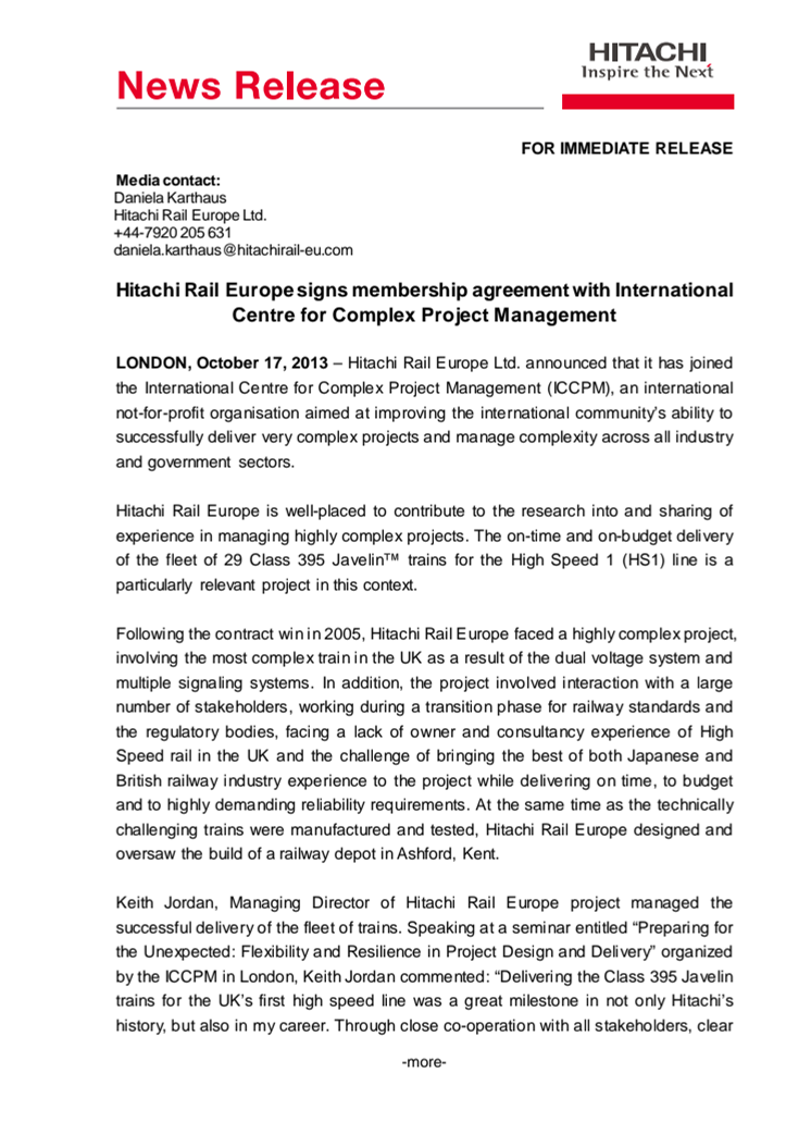 Hitachi Rail Europe signs membership agreement with International Centre for Complex Project Management