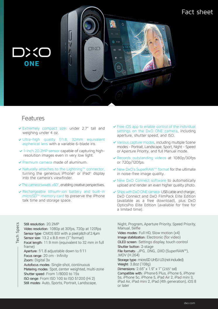 DxO ONE, specifikationer