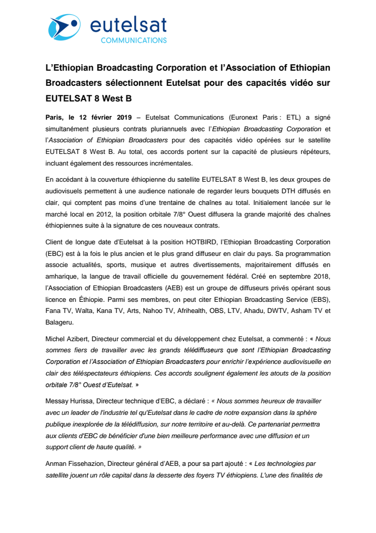 L’Ethiopian Broadcasting Corporation et l’Association of Ethiopian Broadcasters sélectionnent Eutelsat pour des capacités vidéo sur EUTELSAT 8 West B