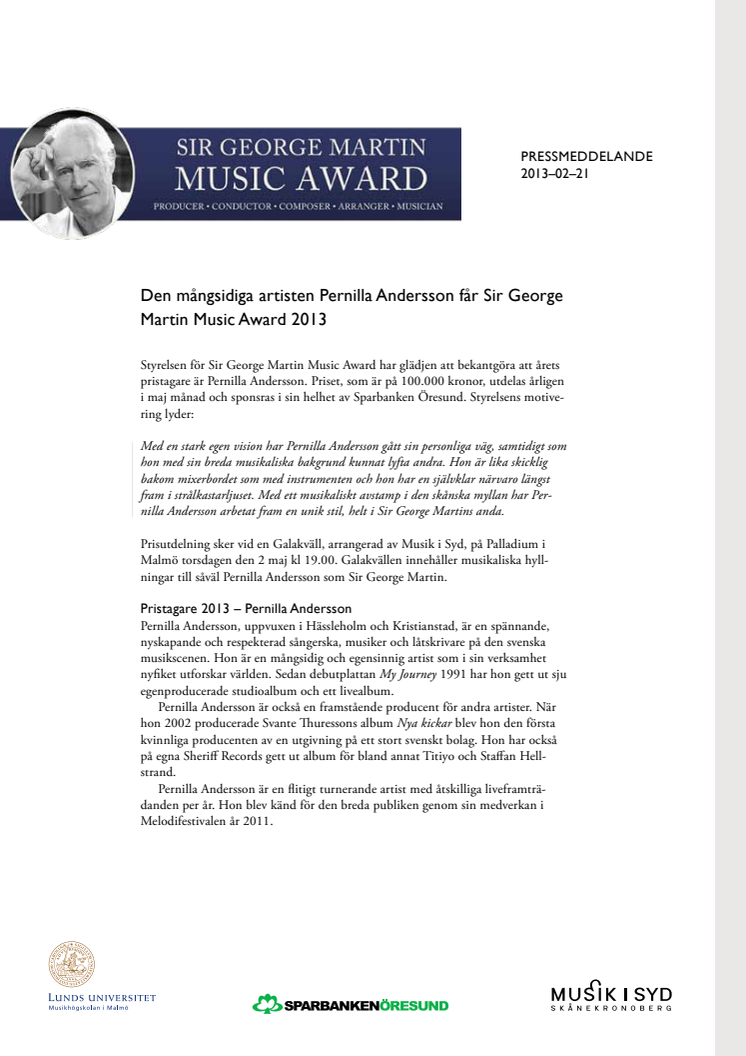 Pernilla Andersson får Sir George Martin Music Award 2013