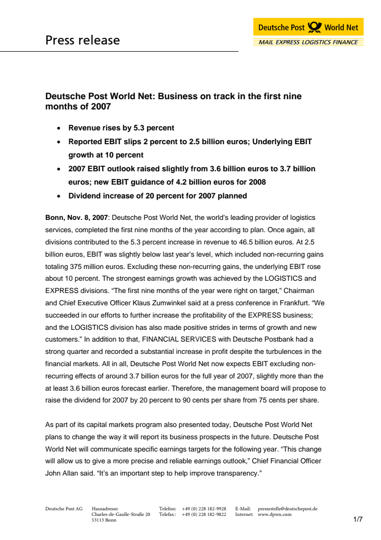 Deutsche Post World Net: Business on track in the first nine months of 2007