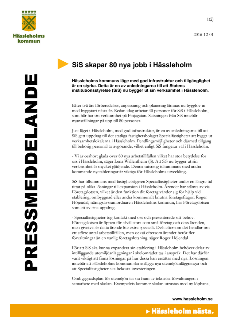 SiS skapar 80 nya jobb i Hässleholm