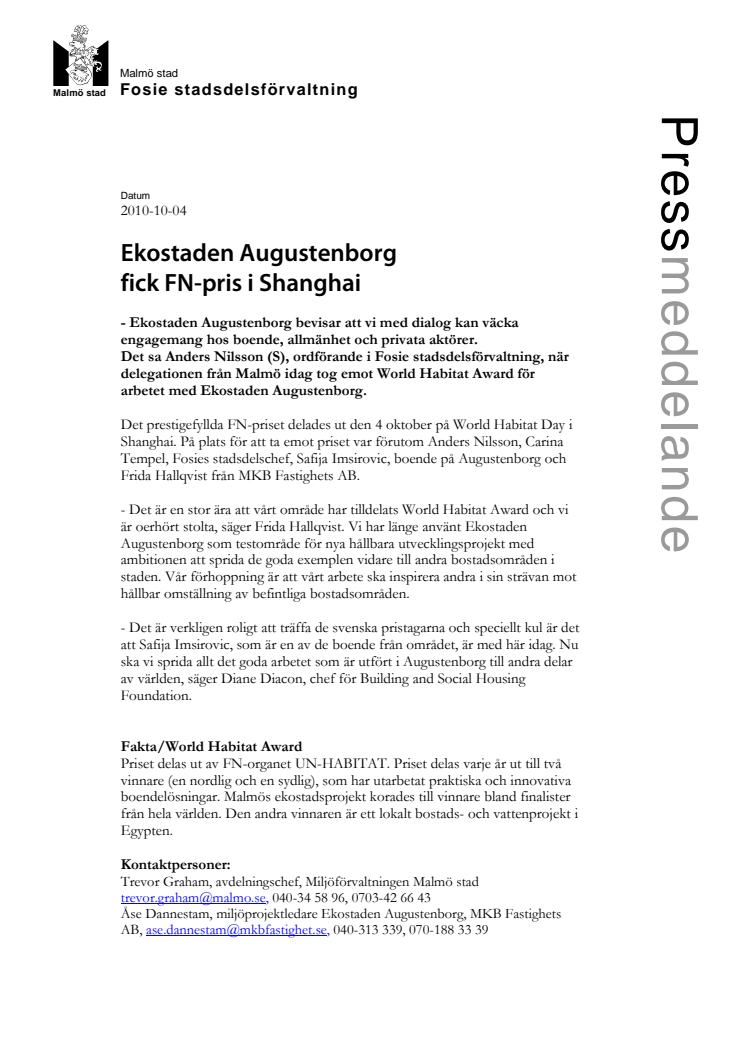 Ekostaden Augustenborg fick FN-pris i Shanghai