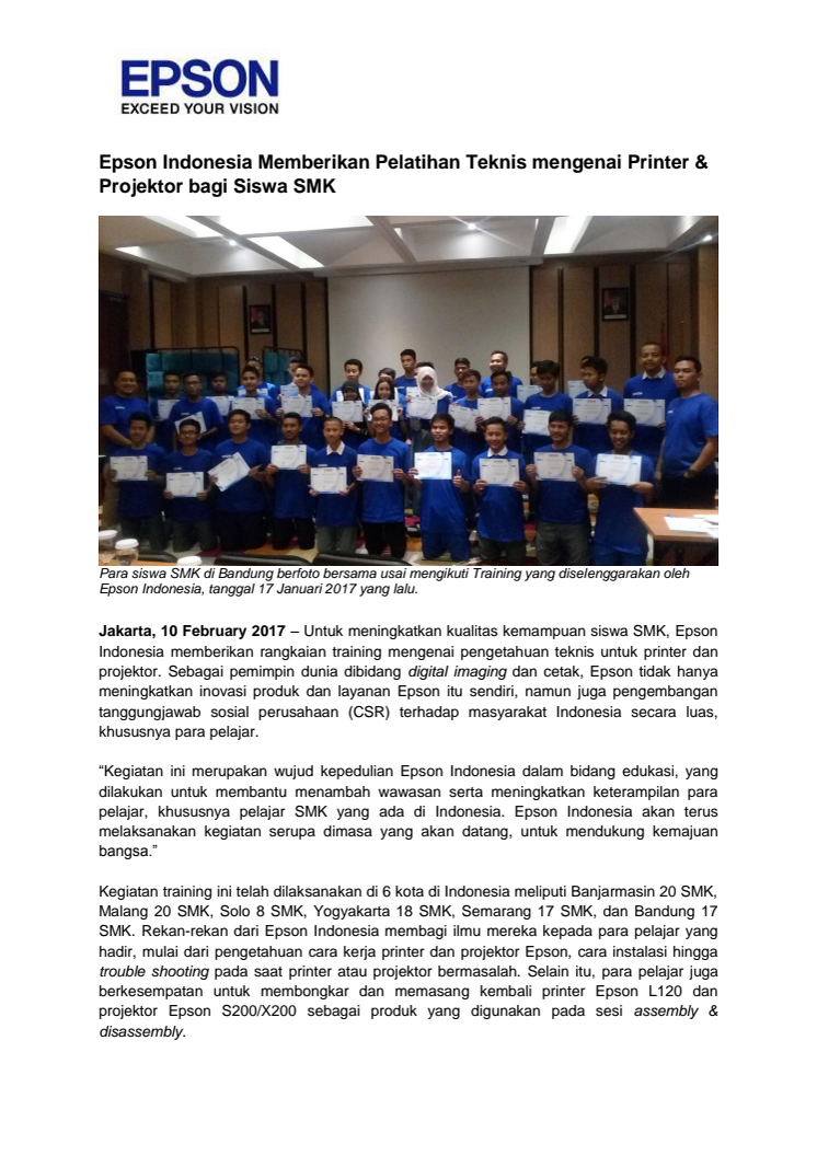 Epson Indonesia Memberikan Pelatihan Teknis mengenai Printer & Projektor bagi Siswa SMK
