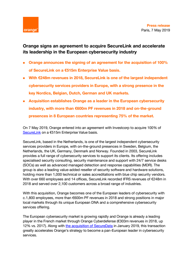 Orange signs an agreement to acquire SecureLink and accelerate its leadership in the European cybersecurity industry