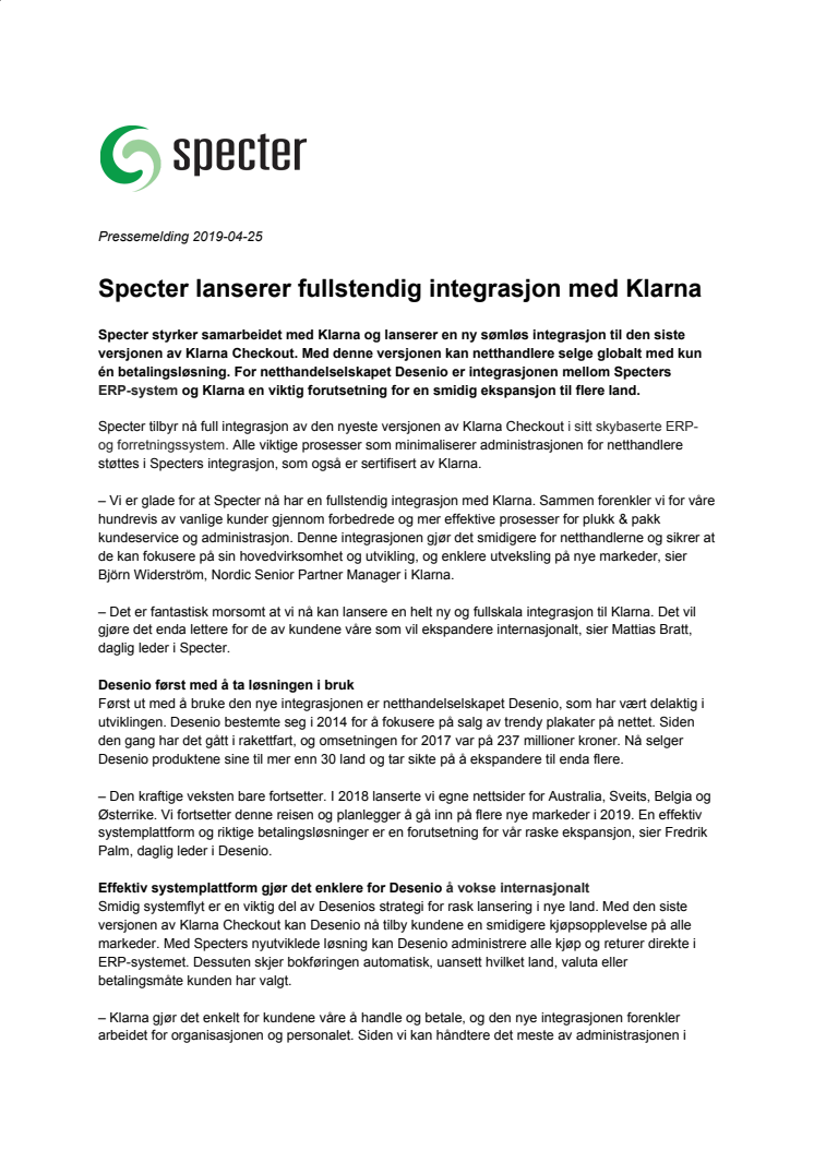 Specter lanserar komplett integration till Klarna