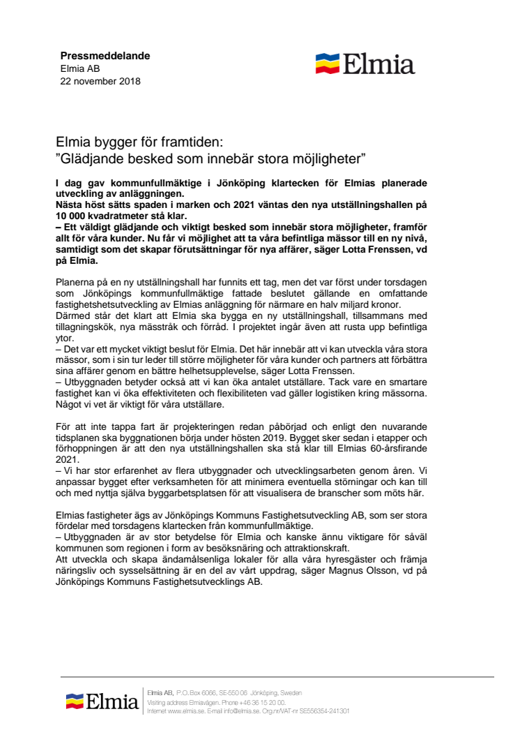 Elmia bygger för framtiden:  ”Glädjande besked som innebär stora möjligheter”