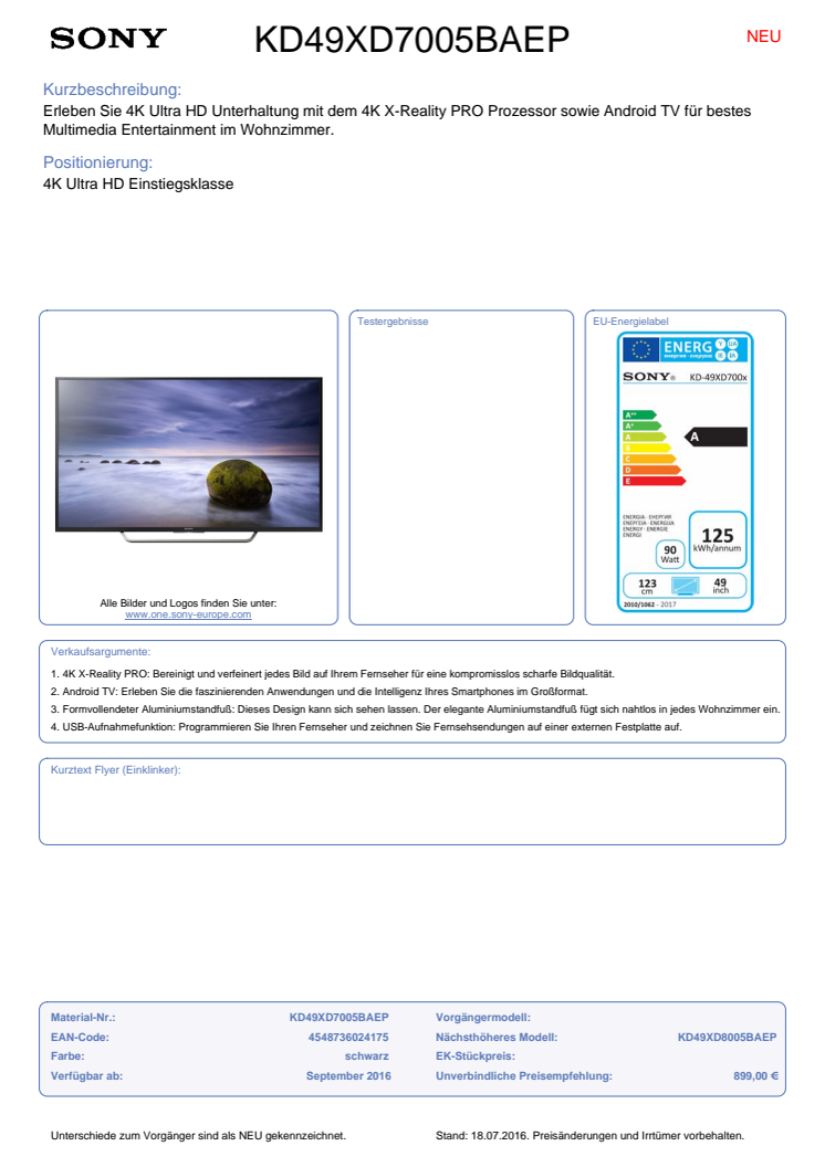 Datenblatt BRAVIA KD-49XD7005BAEP von Sony