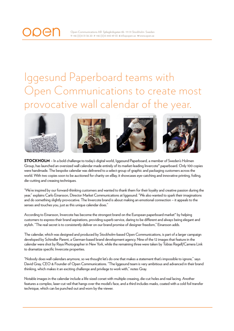 Iggesund Paperboard teams with Open Communications to create most provocative wall calendar of the year