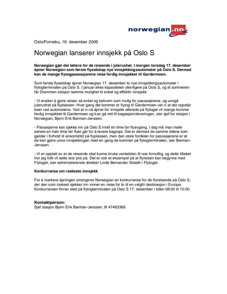 Norwegian lanserer innsjekk på Oslo S