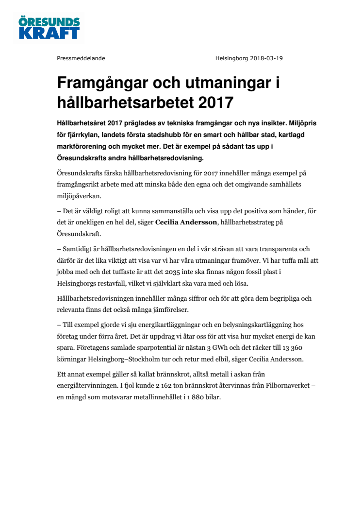 Framgångar och utmaningar i Öresundskrafts hållbarhetsarbete 2017