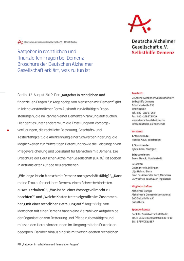 Ratgeber in rechtlichen und finanziellen Fragen bei Demenz – Broschüre der Deutschen Alzheimer Gesellschaft erklärt, was zu tun ist