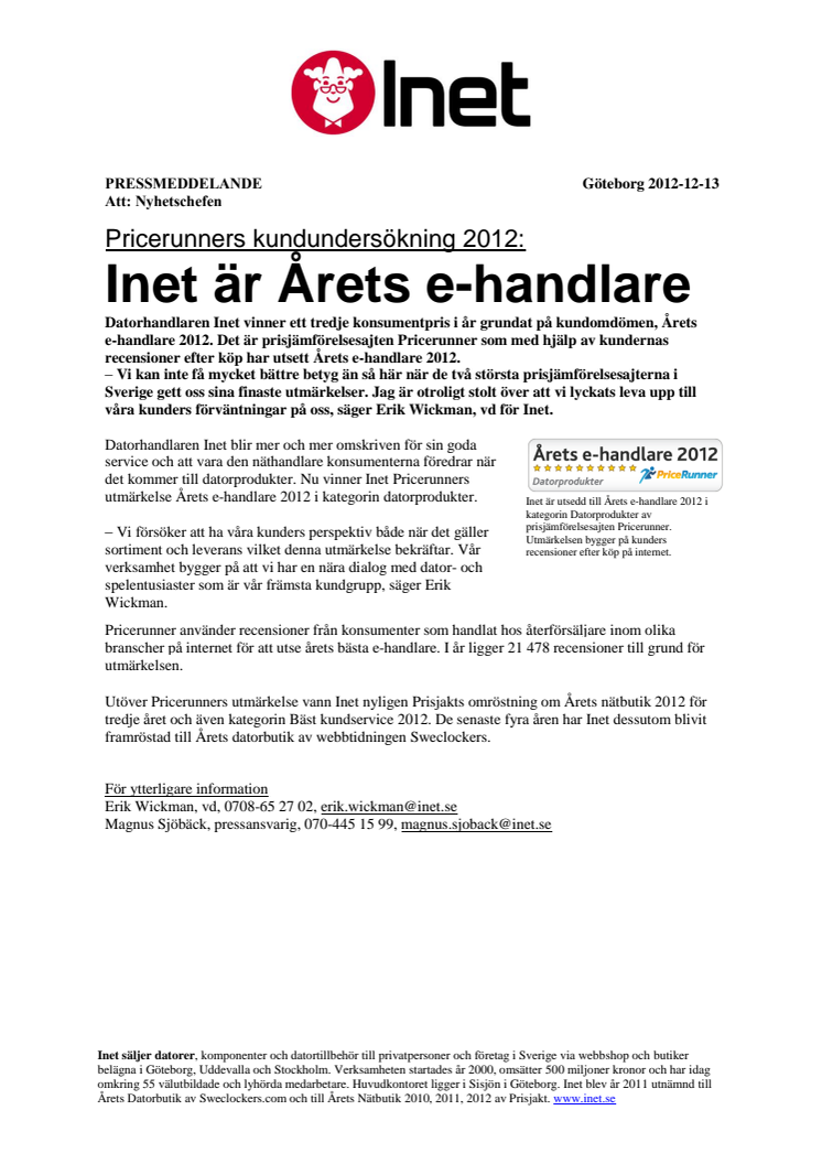 Inet är Årets e-handlare enligt Pricerunners kundundersökning 2012