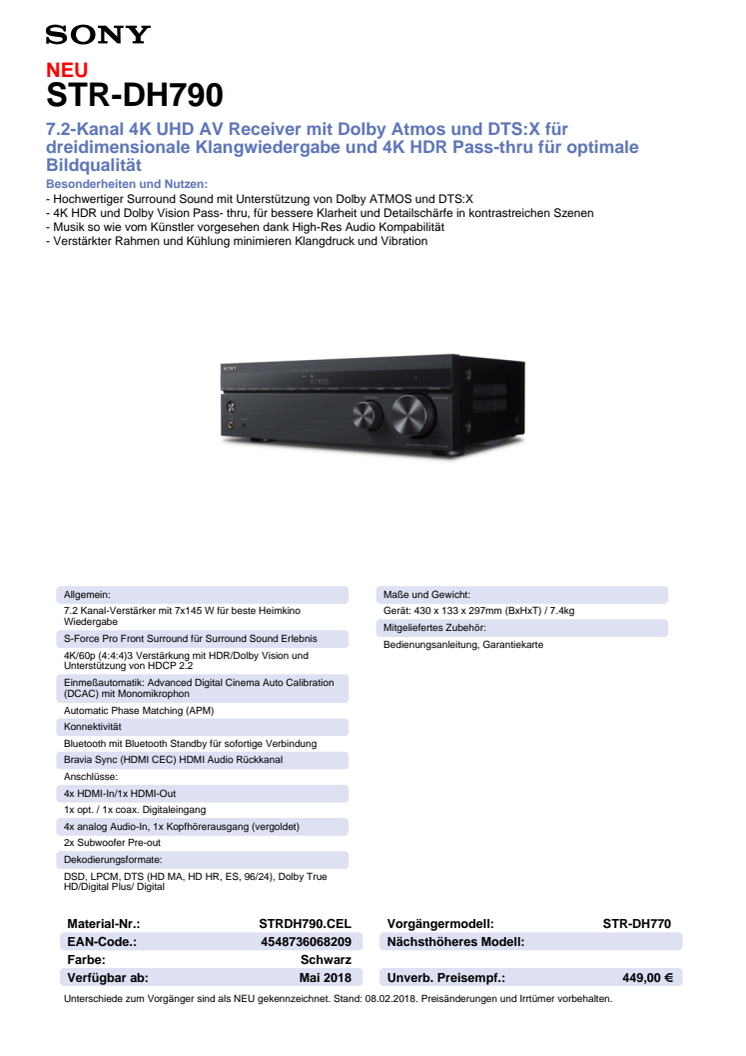 Datenblatt AV-Receiver STR-DH790 von Sony