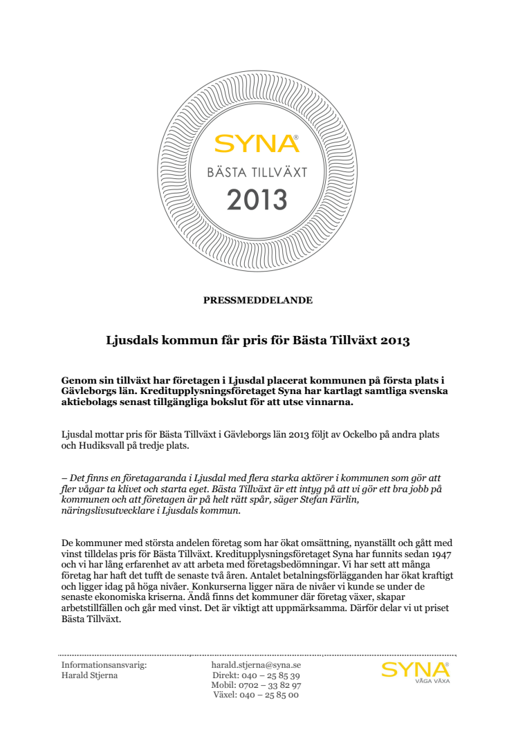 Ljusdals kommun får pris för Bästa Tillväxt 2013