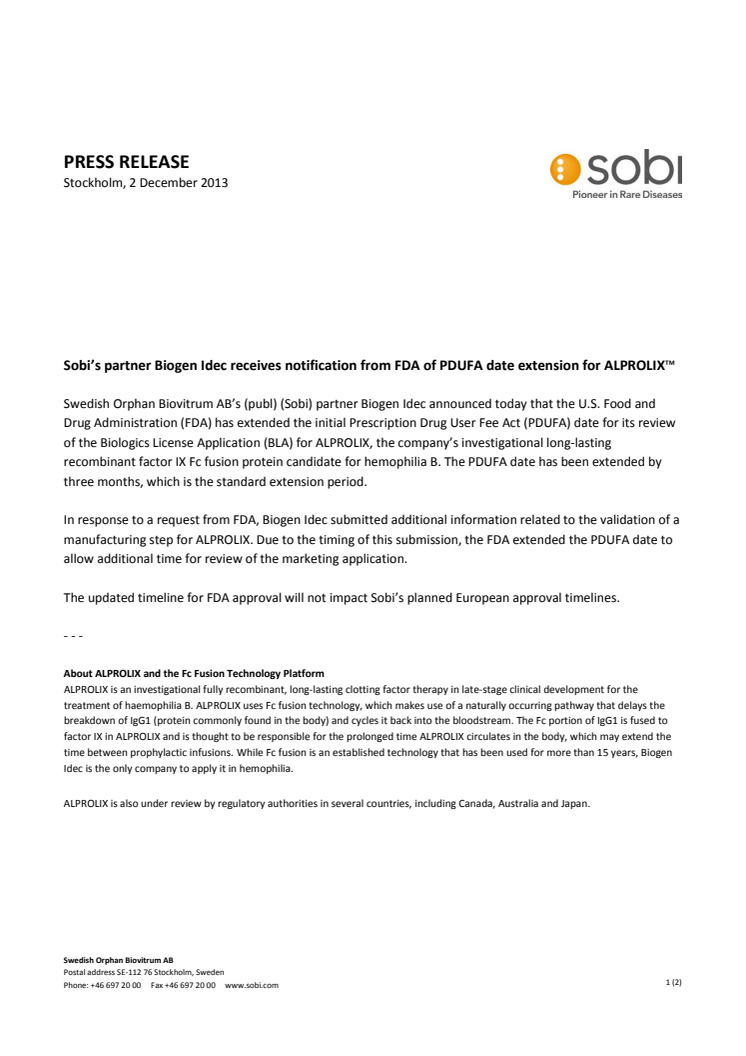 Sobi's partner Biogen Idec receives notification from FDA of PDUFA date extension for ALPROLIX(TM)