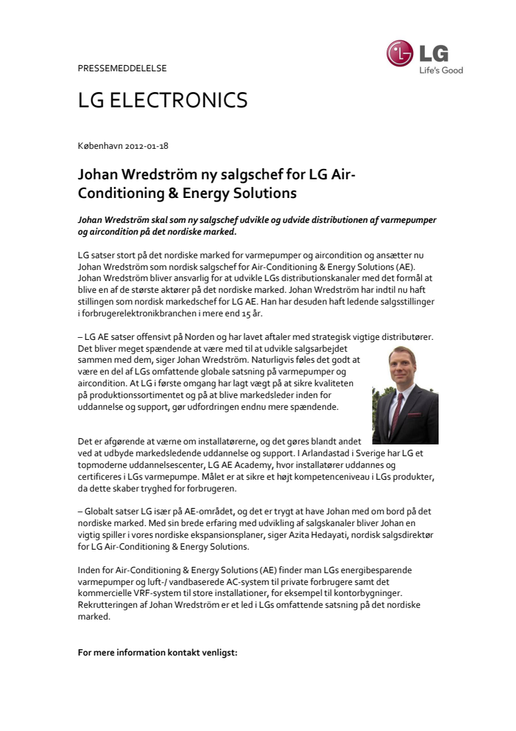 Johan Wredström ny salgschef for LG Air-Conditioning & Energy Solutions