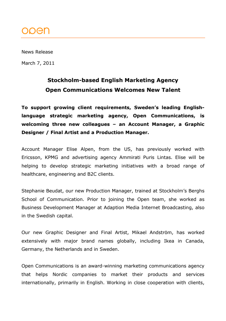 Open Communications Welcomes New Talent