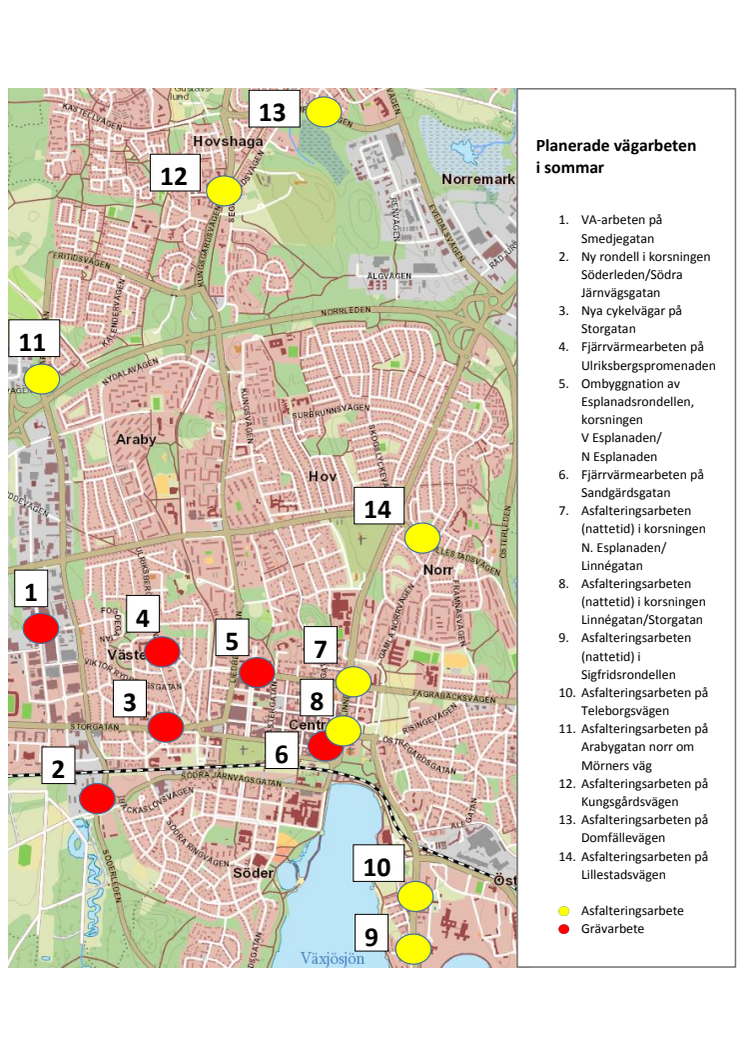 Karta över vägarbeten i Växjö stad. 