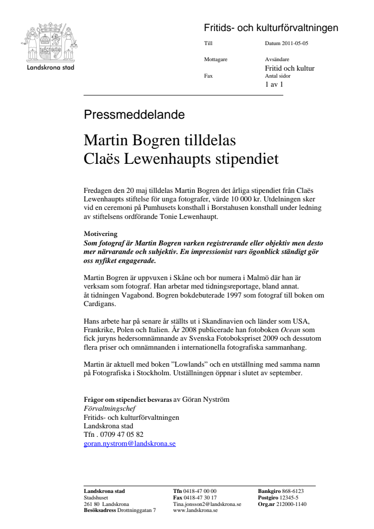 Martin Bogren tilldelas Claës Lewenhaupts stipendiet