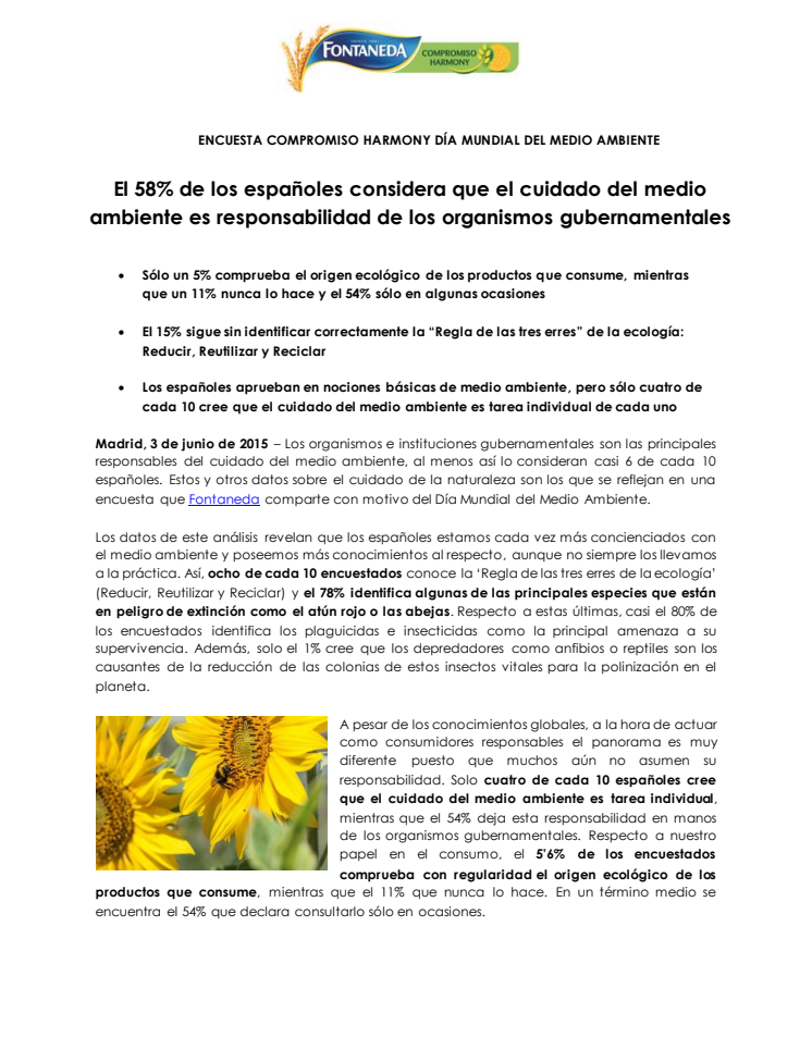 El 58% de los españoles considera que el cuidado del medio ambiente es responsabilidad de los organismos gubernamentales   