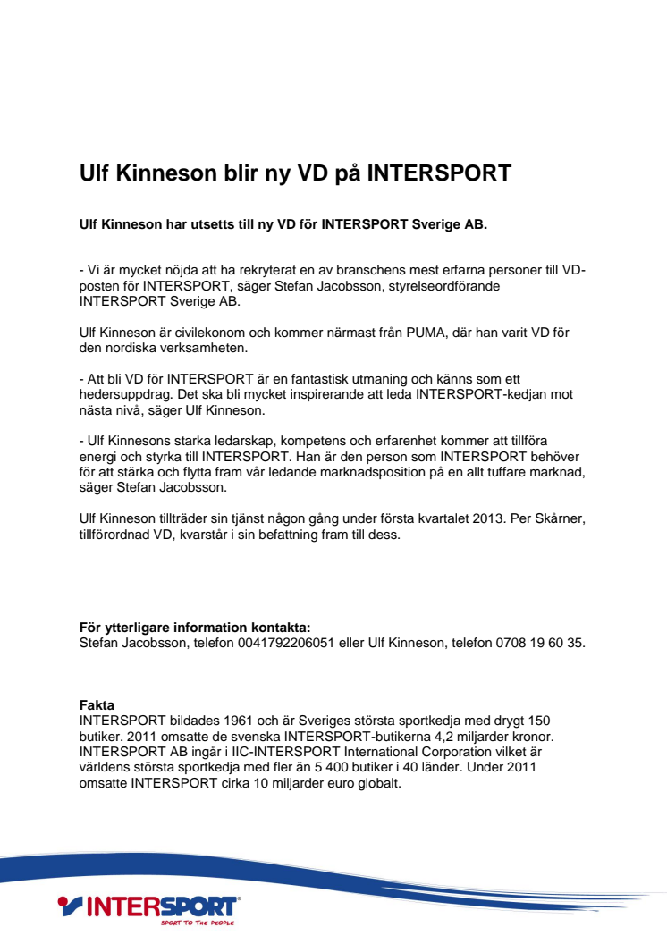 Ulf Kinneson blir ny VD på INTERSPORT