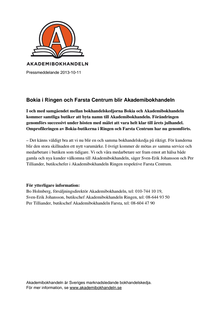 Bokia i Ringen och Farsta Centrum blir Akademibokhandeln 