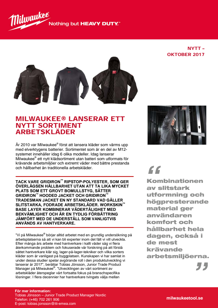 MILWAUKEE® LANSERAR ETT NYTT SORTIMENT ARBETSKLÄDER