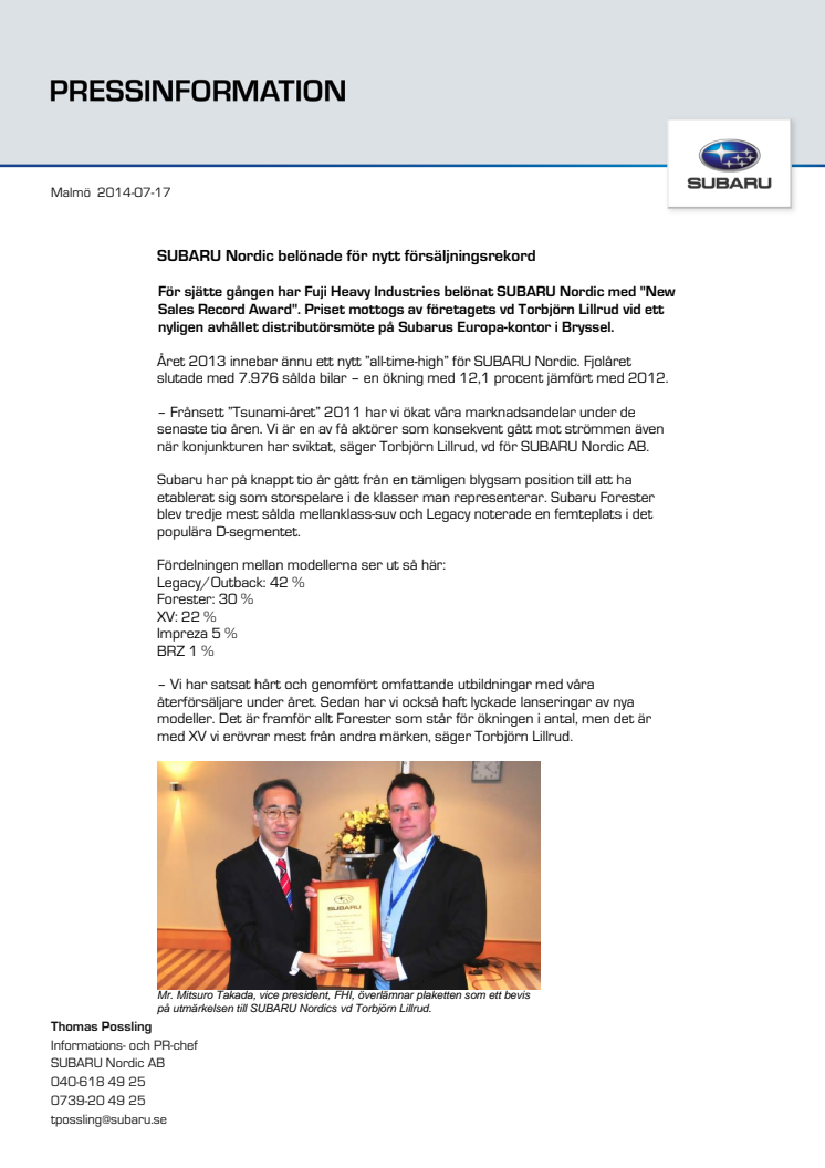 SUBARU Nordic belönade för nytt försäljningsrekord