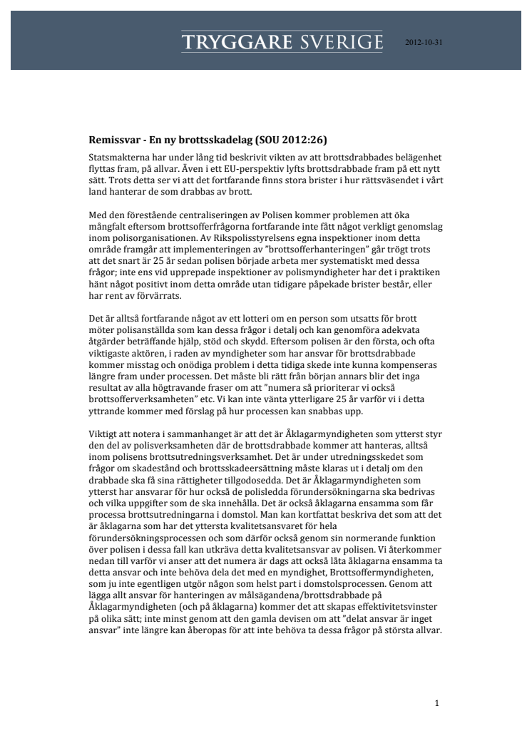 Remissvar - En ny brottsskadelag (SOU 2012:26)