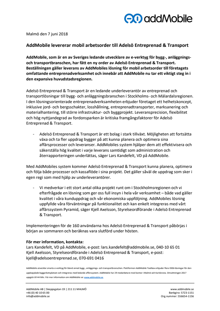 AddMobile levererar mobil arbetsorder till Adelsö Entreprenad & Transport