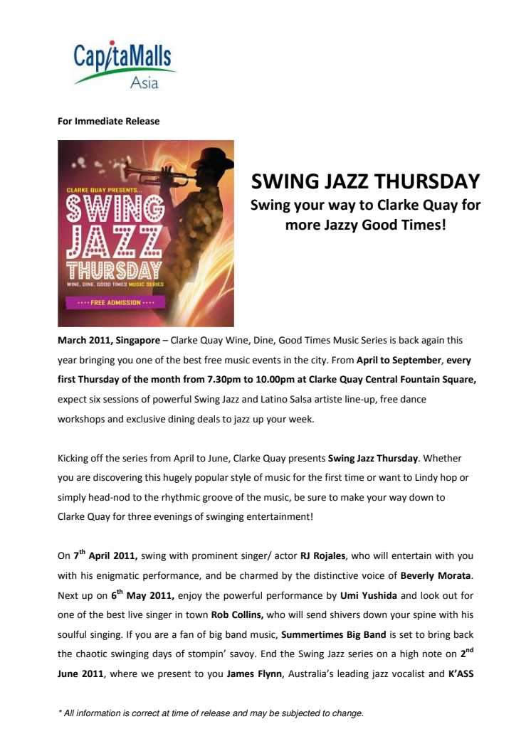 SWING JAZZ THURSDAY - Swing your way to Clarke Quay for more Jazzy Good Times!