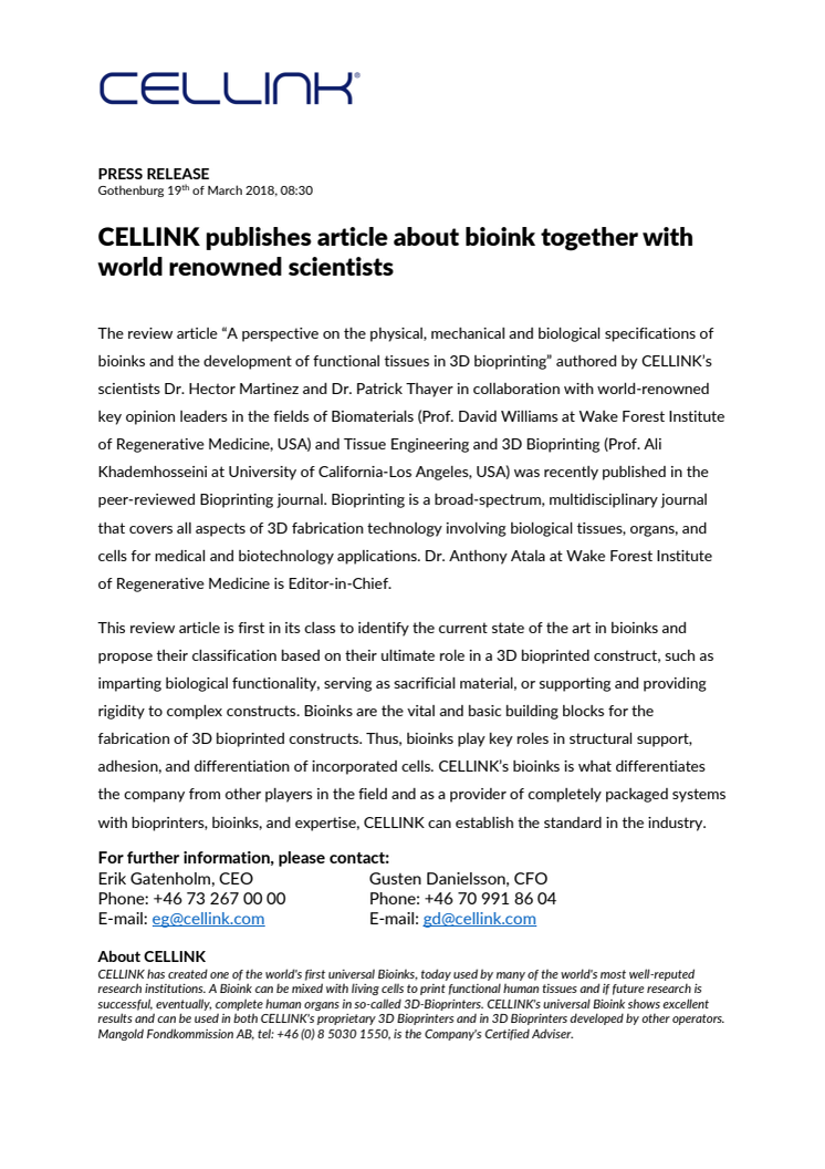 CELLINK publishes article about bioink together with world renowned scientists