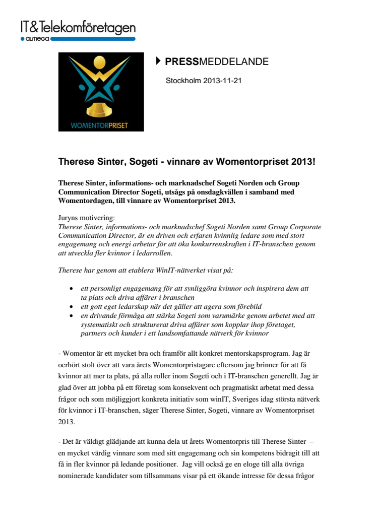 Therese Sinter, Sogeti - vinnare av Womentorpriset 2013!