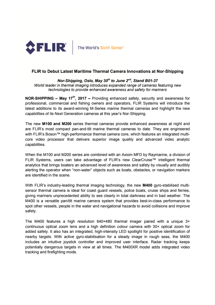 FLIR: FLIR to Debut Latest Maritime Thermal Camera Innovations at Nor-Shipping (Stand B01-37)