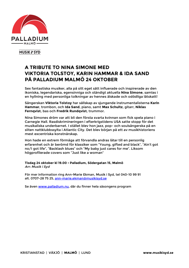 A Tribute to Nina Simone med Viktoria Tolstoy, Karin Hammar & Ida Sand på Palladium Malmö 24 oktober