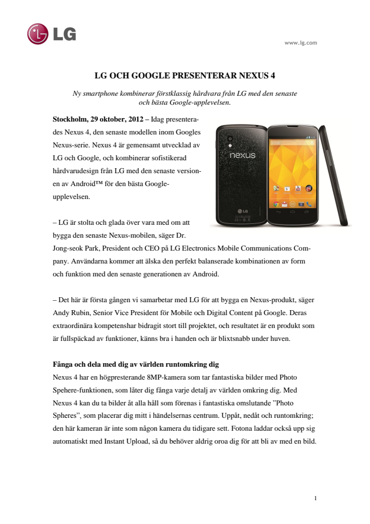 LG OCH GOOGLE PRESENTERAR NEXUS 4 